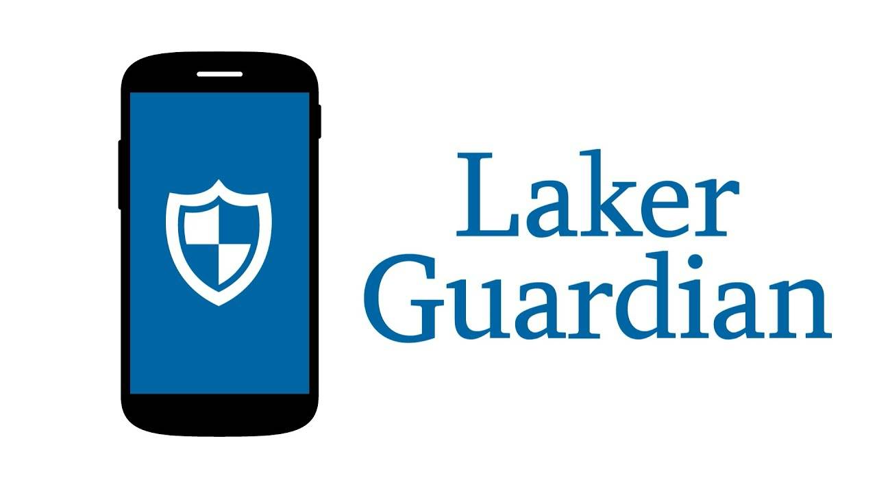 Clipart of a smartphone with blue screen and a picture of a shield on the phone. Next to the phone are the words Laker Guardian